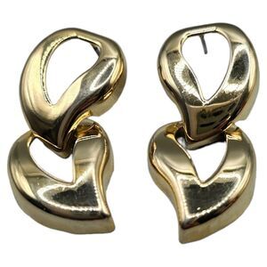 Double Heart Shaped Earrings Pierced Classic Love Fashion Shiny Gold Tone